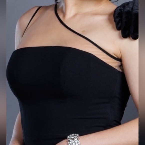 NWOT Dress The Population One Shoulder Sheer Midi Black Sheath Dress Sz Small - Picture 3 of 8